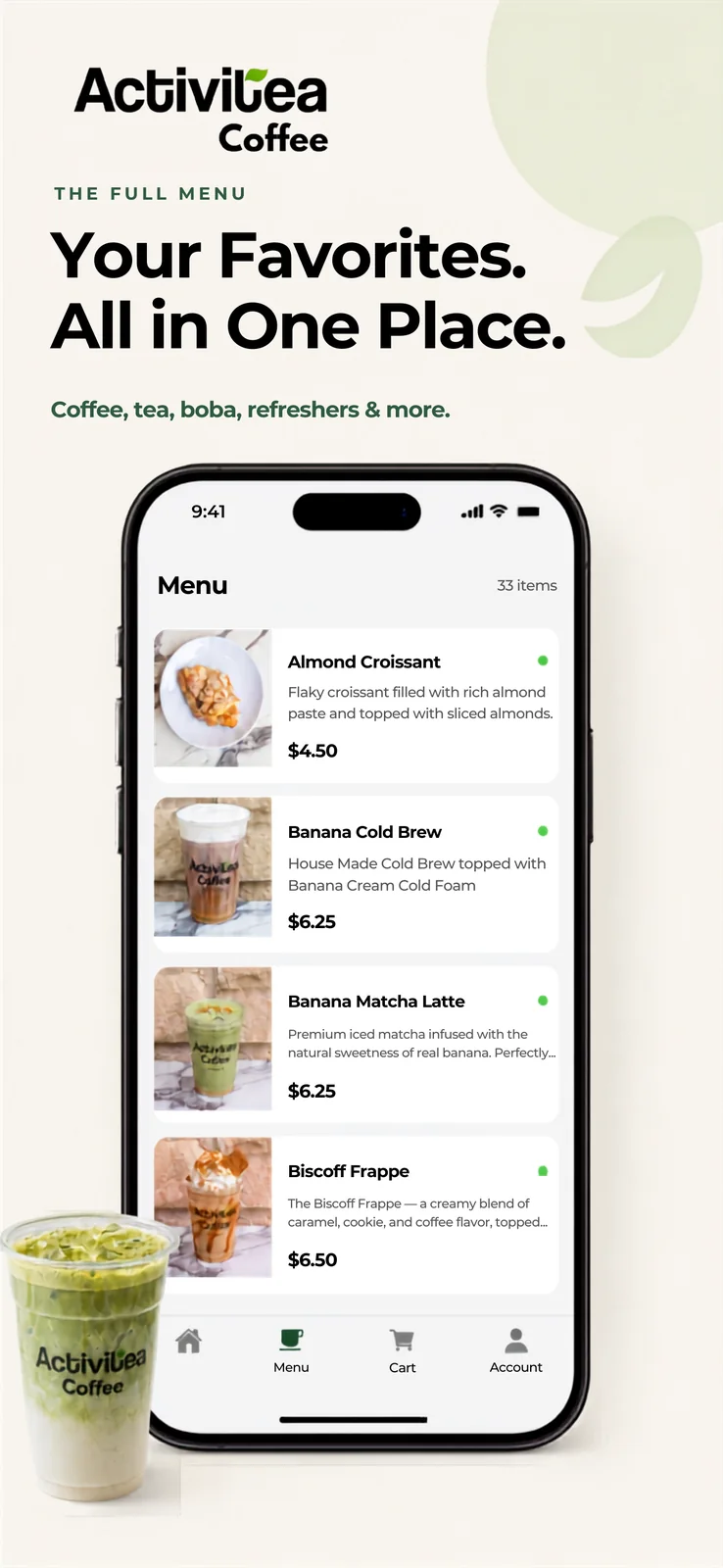 Мени и омилени пијалаци во апликацијата Activitea Coffee